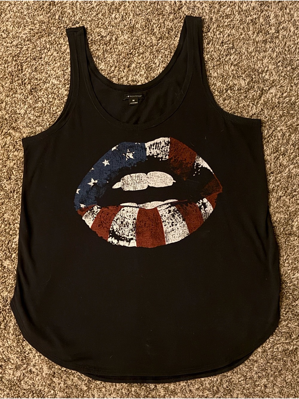 I Heart Ronson Black Tank with American Flag Lips Graphic